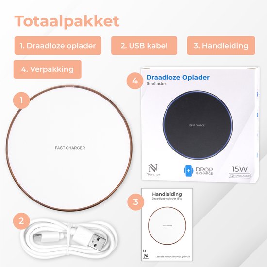 Nuvance - Wireless Charger 15W - Inklusive Kabel - Wireless Charger - Schnelles Ladegerät - Geeignet für alle Qi Smartphones - Weiß und Gold