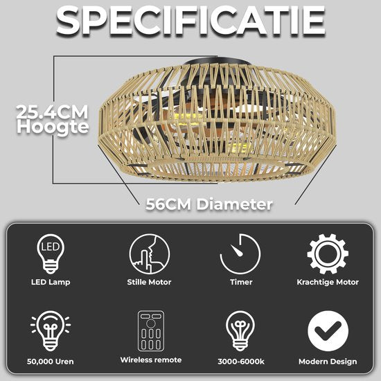 WERYOU® illuminAIR Deckenventilator - Deckenlampe - Deckenventilator mit Beleuchtung - Deckenlampe - Fächerlampe - Deckenlampe - Inkl Fernbedienung - Dimmbar - ⌀56CM