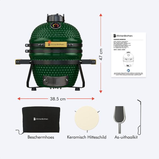KitchenBrothers Kamado BBQ - 13 Zoll Holzkohlegrill - 27⌀ cm - PFAS-frei - Deluxe Set - Eiergrill mit Zubehör inklusive Abdeckung - Grün