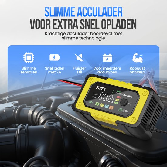 Strex 12V 7A Batterieladegerät - Tropf- und Schnellladegerät mit LCD-Anzeige - für Auto-, Motorrad-, Boots- und AGM/Blei-Batterien - Reparaturmodus
