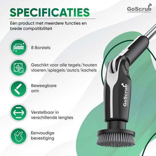 GoScrub® Elektrische Reinigungsbürste - Cleaning Hero V1 - Schwarz - Schrubber mit Griff - Polierer - Scheuerbürste - Für Bad und Küche - 8 Aufsätze