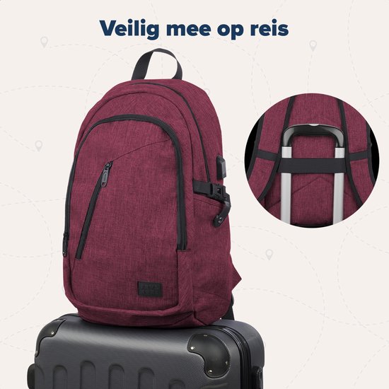 TRVLMORE Rucksack mit Lifetime - Rucksack mit 15.6 Zoll Laptopfach - Schultasche - spritzwassergeschützt - Männer und Frauen - Jungen und Mädchen - 25L - Burgunderrot