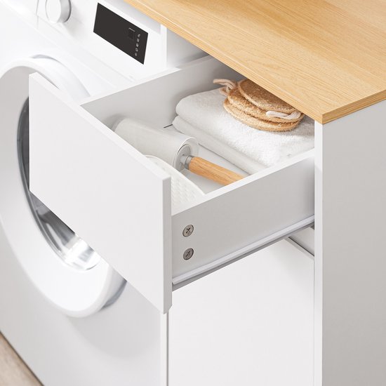 SoBuy Waschmaschinenschrank - Badschrank mit Wäschekorb und Schublade, für Waschmaschine und Wäschetrockner, Waschmaschinenschrank aus Holz, weiß, 100 x 60 x 90 cm, BZR217-WN