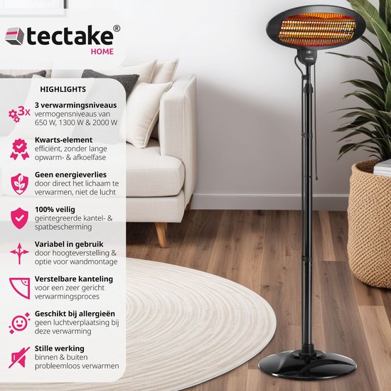 tectake - Infrarotheizung - Heizung mit Ständer oder Wandmontage - Wärmelampe für den Wickeltisch - Heizung für das Badezimmer - Infrarotheizung für die Terrasse - Elektrische Heizung - 2000W - 3 Stufen