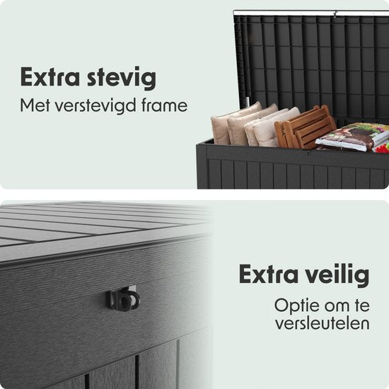 LifeGoods Aufbewahrungsbox - 870L - Kissenbox - Wasserdicht - Garten-Kissenbox - Rostfrei - Gartenbox - 146.5x81.5x85.6 cm - Schwarz