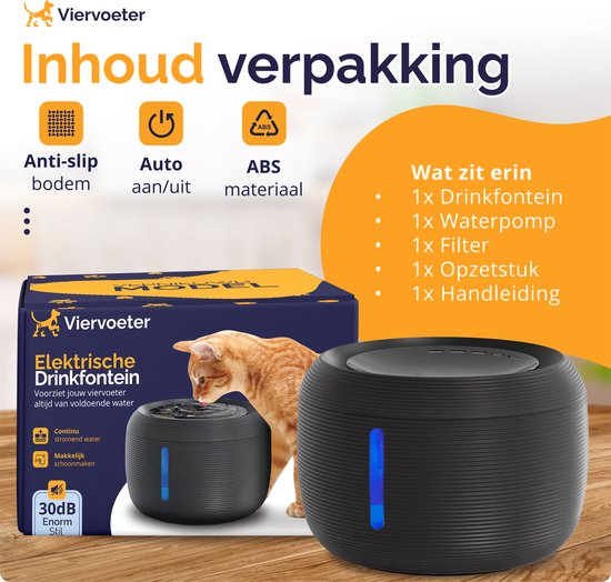 Quadruped Premium Trinkbrunnen - Runder Trinkbrunnen für Katzen und Hunde - 2.5L - Tiertränke - geräuschlos - Inkl. 2 Filter - Schwarz