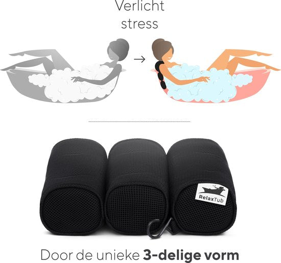 RelaxTub® Badekissen - Nackenkissen Bad - Badekissen für die Badewanne - 6 starke Saugnäpfe - Anti-Rutsch - Wasserdicht - Kopfstütze Bad - Für Kopf, Nacken und Schultern - Badekissen Schwarz