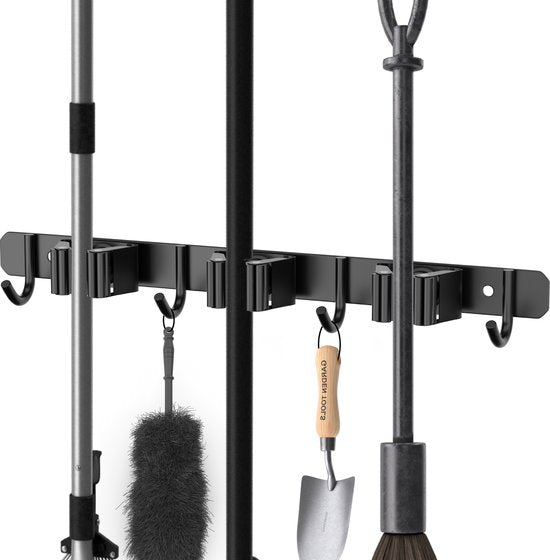 Volcan Besenhalter - Besen Aufhängesystem Gartengeräte - Werkzeughalter - 3M Band - 3 Halter 4 Haken - Edelstahl Schwarz