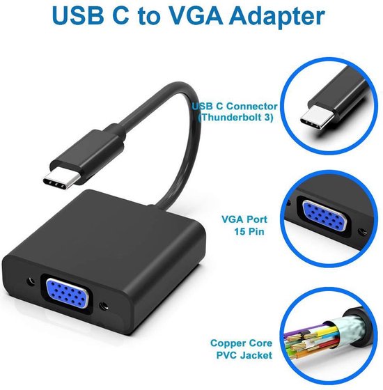 Techvavo® USB C zu VGA Adapter - USB C zu VGA - Full HD 1080P - Stecker zu Buchse - Schwarz