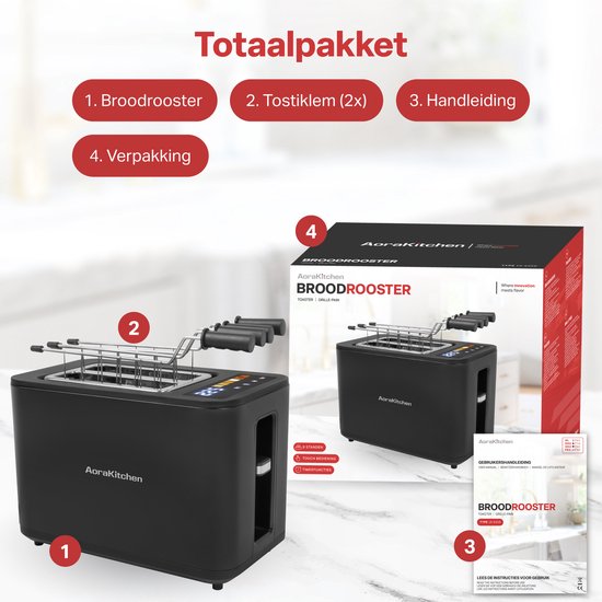 AoraKitchen Toaster - Mit Toastklammern - 6 Heizstufen - LED-Bildschirm - Timer - Schwarz