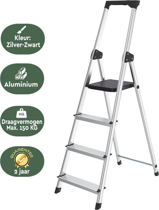 BRASQ Haushalts-Stufenleiter 4 Stufen Silber - klappbare Aluminium-Küchen-Stufenleiter für den privaten und professionellen Einsatz - Leiter - Rutschfest