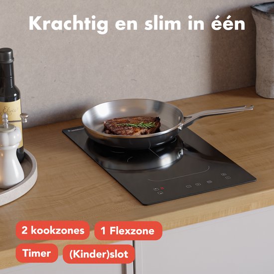 KitchenBrothers Induktionskochfeld - Einbau-Induktionskochfeld - 30 cm - 2 Zonen - 1x Flexzone - 1 Phase - bis zu 3300W - Schwarz
