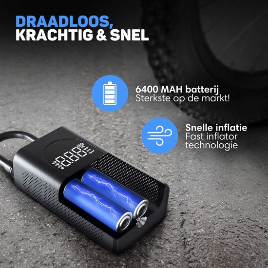 Vulpes Goods® Tech - Tragbare Kompressor-Reifenpumpe - 6400mAh - Elektrische Fahrradpumpe - Luftkompressor für Auto, Roller, Fahrrad, Ball und Luftbett - Inkl. 7 Aufsätze - Taschenlampe - Powerbank - Reiseetui - PRO