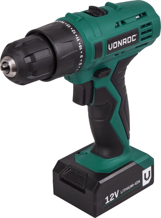 VONROC Akkubohrmaschine - 12V Li-Ion - Inkl. 2x Akkus, Schnellladegerät, Schraubbits & Aufbewahrungstasche
