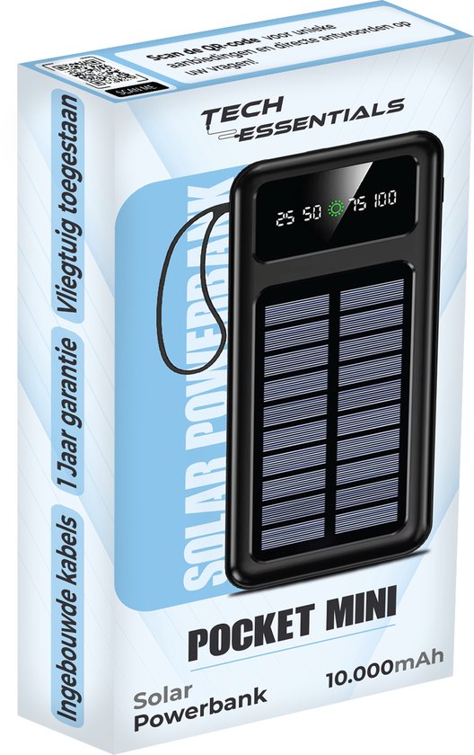 Tech Essentials Pocket Mini Solar Powerbank 10000 mAh - Mit eingebauten Kabeln - USB-C - Solarbetrieben - Solarpanel - Ladegerät - Notfall - Schwarz