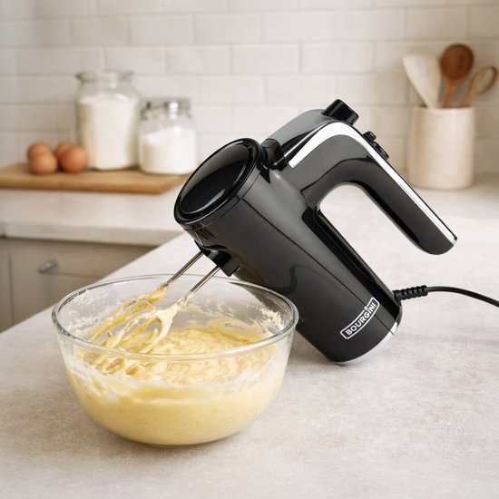 Bourgini Retro-Handmixer – 5 Geschwindigkeitsstufen und Turbo-Funktion – Teighaken und Rührbesen aus Edelstahl – Schwarz