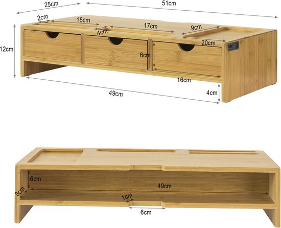 SoBuy BBF03-N Monitorständer Schreibtisch-Organizer mit 3 Schubladen - Bambus - 51x12x25cm