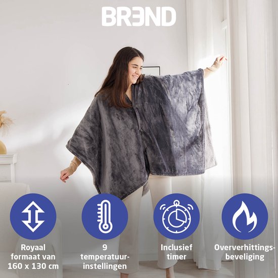 BREND BR-2220 Elektrische Decke und Poncho - Sherpa und Flanell Fleece Plaid - Wärmeumhang - 160 x 130 cm - 9 Temperaturstufen - Anthrazit