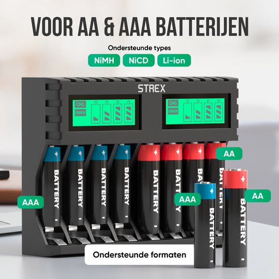 Strex Batterieladegerät - 8x AA/AAA-Batterien - USB aufladbar - LCD-Display - Für wiederaufladbare Batterien - Schwarz