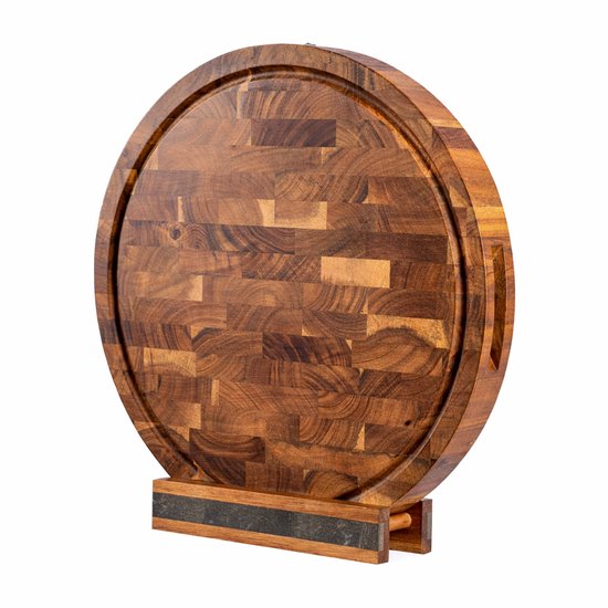 VDN Professional Schneidebrett Rundes Akazienholz mit Saftrinne und Griffen - Rutschfestes Schneidebrett mit Halterset - Schneideblock Kopfholz Ø 38 x 3,8 CM