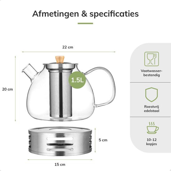 Deleca Teekanne aus Glas mit Filter und Teelichtwärmer-Set - Borosilikatglas - Edelstahlsieb - Weihnachtsgeschenk - für losen Tee / Teeblumen - 1.5L