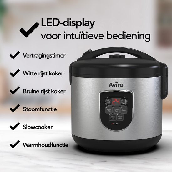 Aviro Reiskocher - Slowcooker - 1,2L - 7 Funktionen - Warmhaltefunktion - Reiskocher - Antihaftbeschichtung - Multicooker - 2-6 Personen - Edelstahl