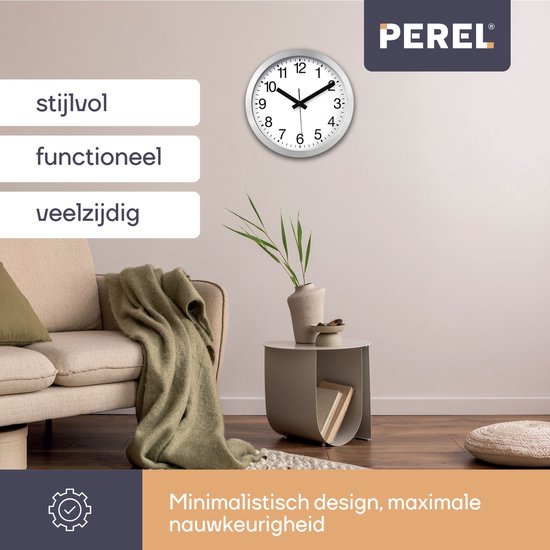 Perel Wanduhr 30 cm, analog, geräuschlos, mit automatischer DCF-Zeitsynchronisation, gut ablesbares Zifferblatt, silberfarbener Aluminiumrahmen, Uhr für Wohnzimmer, Küche, Büro oder Wartezimmer
