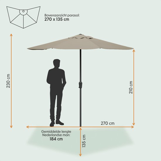 LifeGoods Balkon Sonnenschirm - Garten - 270x135 cm - Halbkreisförmiger Sonnenschirm - Wasserdicht - UPF50+ - Taupe