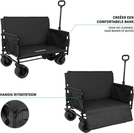 VONROC Wagon - Mit Sitzfunktion - Zusammenklappbar - 120 kg Tragkraft - 115l Fassungsvermögen - Solide, auslaufsichere Räder - Stabiler Stahlrahmen - Polyester 600D - Schwarz