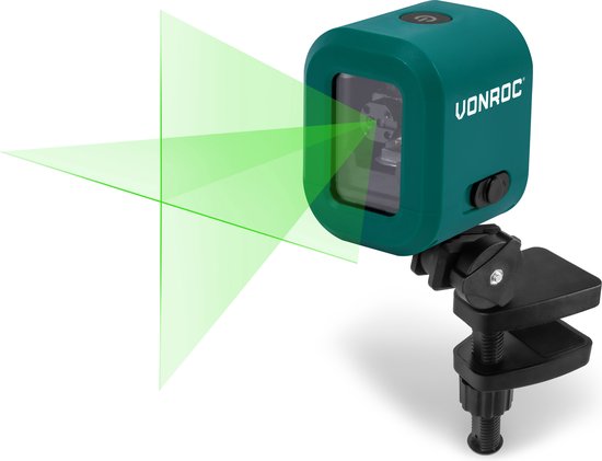 VONROC Kreuzlinienlaser- Grün - 4V Akku- 1800mAh - Selbstnivellierend - 18 Meter Reichweite - Inkl. Halterung, USB-C Kabel & Aufbewahrungstasche