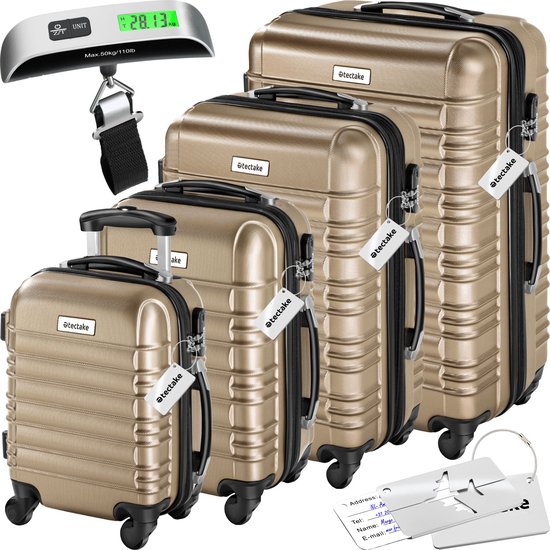 tectake - 4-teiliges Hartschalenkofferset - Reisekofferset mit Rollen - ABS - Teleskopgriff und Schloss - Inklusive Gepäckwaage - Trolleygrößen S-M-L-XL - Champagner