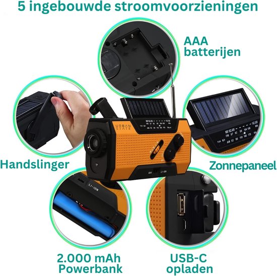 Urban State Notfallradio mit Aufwicklung und Batterie - Solarradio - Taschenlampe / Powerbank - Notfallradio mit Aufwicklung