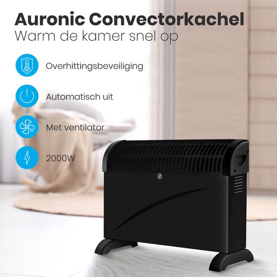 Auronic Elektrokonvektor - 750/1250/2000 Watt - mit Gebläse - Heizung - Heizlüfter - Schwarz