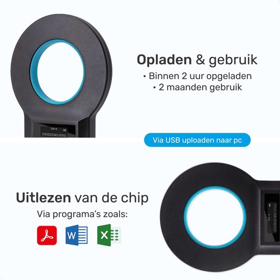 Dutchwide Chip-Lesegerät - Für Haustiere - Chipreader Pro - Bis zu 128 Tage - Schwarz