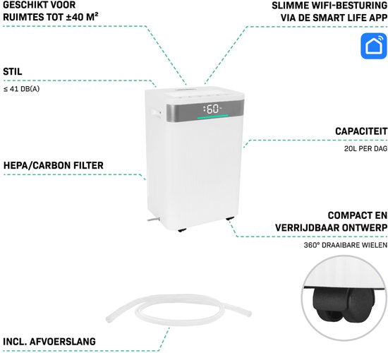 VONROC Luftentfeuchter - 20L/Tag - 4.5L Wassertank - Wifi & App Steuerung - HEPA & Carbon Luftfilter