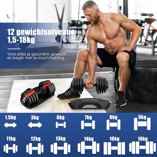 DH FitLife Verstellbare Kurzhantel - 1,5 bis 18 kg - Mit Ablagefläche für Krafttraining Damen und Herren - Mit Gewichtsscheiben - Für das Training - Variables Gewicht - 12-in-1