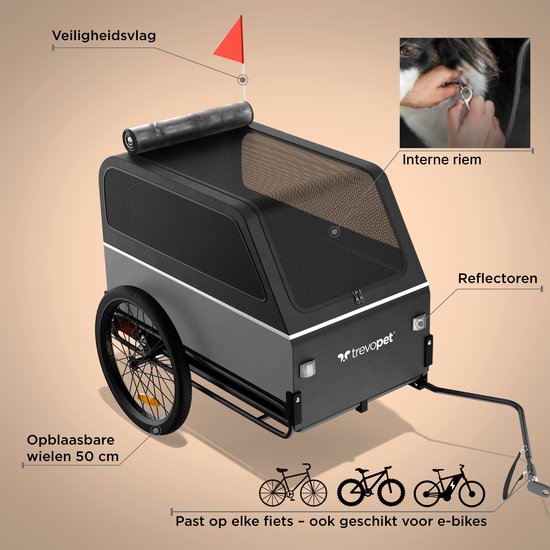 TrevoPet® Dog Bike Trailer XL - Klappbarer Fahrradanhänger Hund - Hundeanhänger mit Rampe, Federungssystem & Wetterschutz - Geeignet für E-Bikes - 45 kg - Grau