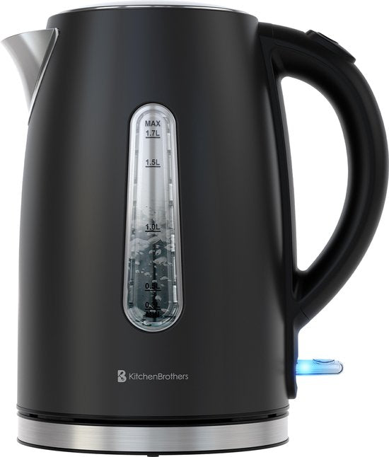 KitchenBrothers Wasserkocher - Elektrisch - 1,7L - 2200W - Edelstahl-Wasserkocher - Schwarz