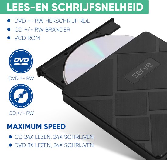 Serve 4-in-1 Externer CD / DVD Player & Brenner für PC, Laptop & Mac iOS - Plug & Play - SD & Micro SD Kartensteckplatz + USB Hub