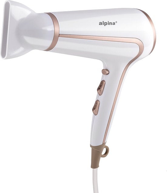 alpina Föhn 1600–2000 W – Haartrockner mit 3 Heizstufen – Haartrockner mit Cool-Shot-Funktion – Haartrockner inkl. zusätzlichem Aufsatz und Aufhängeschlaufe – Weiß/Rosé