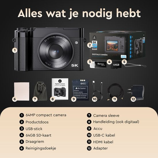 K&L Digitalkamera 5K - 64MP - 6X optischer Zoom - Fotokamera - Kompaktkamera - Vlog-Kamera - Ideal für Einsteiger - Inklusive 64GB - NL Software