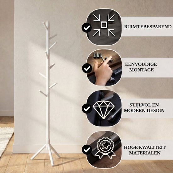 Bayt Garderobe - Stehende Garderobe - Garderobenständer Holz - Stehende Garderobe - Garderobenständer - 8 Haken - 175 cm - Weiß