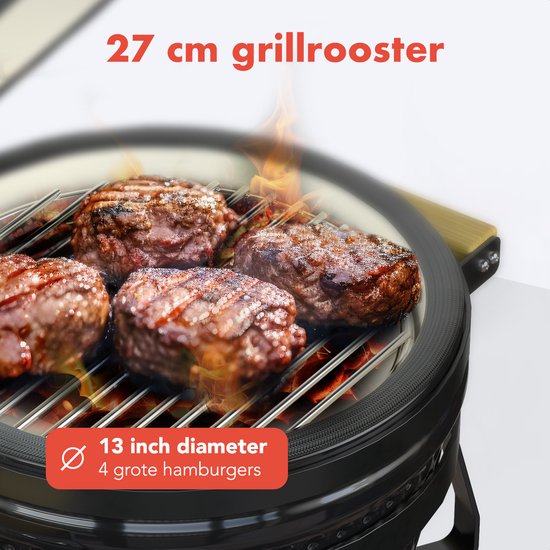 KitchenBrothers Kamado BBQ - 13 Zoll Holzkohlegrill - 27⌀ cm - Deluxe Set - Eiergrill mit Zubehör inklusive Abdeckung - Schwarz