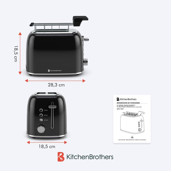 KitchenBrothers Toaster - Mit Toasty Clamps - 6 Heizstufen - Breite Schlitze - 870W - Schwarz