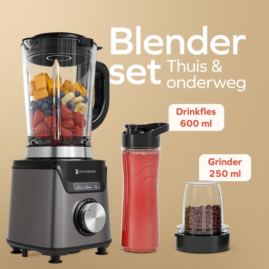 KitchenBrothers Mixer - Mit Trinkflasche - 1200W - 1.5L - Smoothie Maker - Edelstahl - Grau