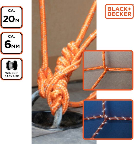 BLACK+DECKER Zurrgurt mit Retraktor - Zurrgurt 20 Meter - 6MM - Nylon - Orange