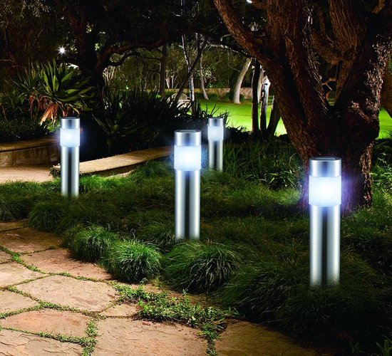 LED Lovers Solar Gartenleuchte - Mit Erdspießen - 4er Set - Wegeleuchte mit Lichtsensor - Edelstahl - 8-10 Brennstunden - 27cm