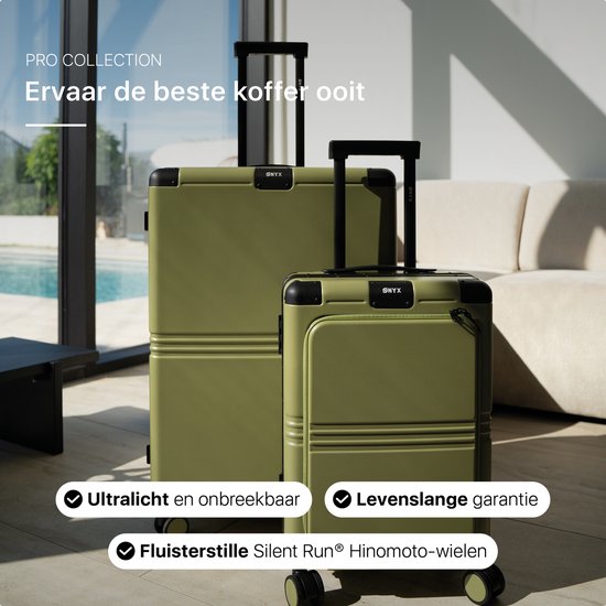 ONYX Hybrid Pro Handgepäck Koffer 35 Liter - Recyceltes Polycarbonat und reißverschlussloses Design - Reisekoffer mit TSA-Schloss und Spinner-Rädern - Leichter Trolley - Olivgrün