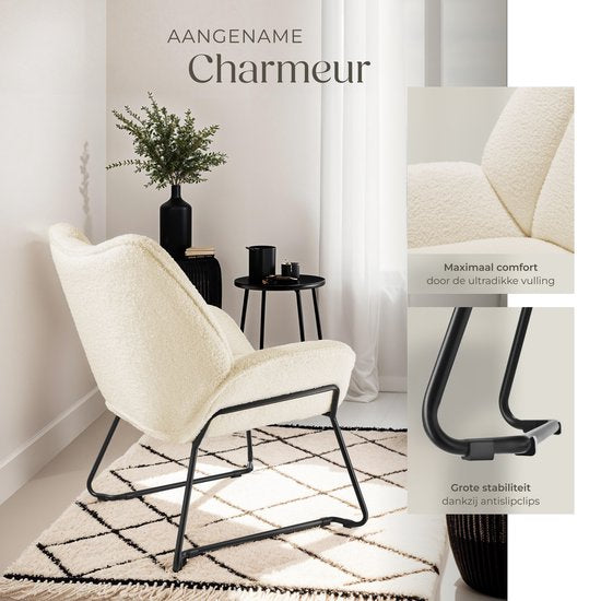 tectake Lounge Chair - Runder Sessel - Teddy Chair - Polstersessel - Bouclé-Polsterung - Plüsch-Lesesesessel - Skandinavischer Stil - cremeweiß