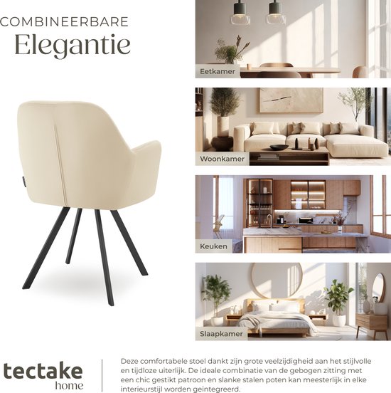 tectake - Drehstuhl - mit Arm- und Rückenlehne - 180-Grad-Drehung - Moderner Stuhl mit Stahlbeinen - Samt - Creme
